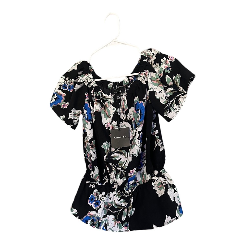 Parisian Peplum Blouse Black Floral Off Shoulder Puff Sleeve Smocked Waist Size